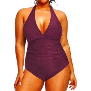 Daci‎ Maroon V-Neck Halter Side Ruched Tummy Control One Piece Bathing Swimsuit